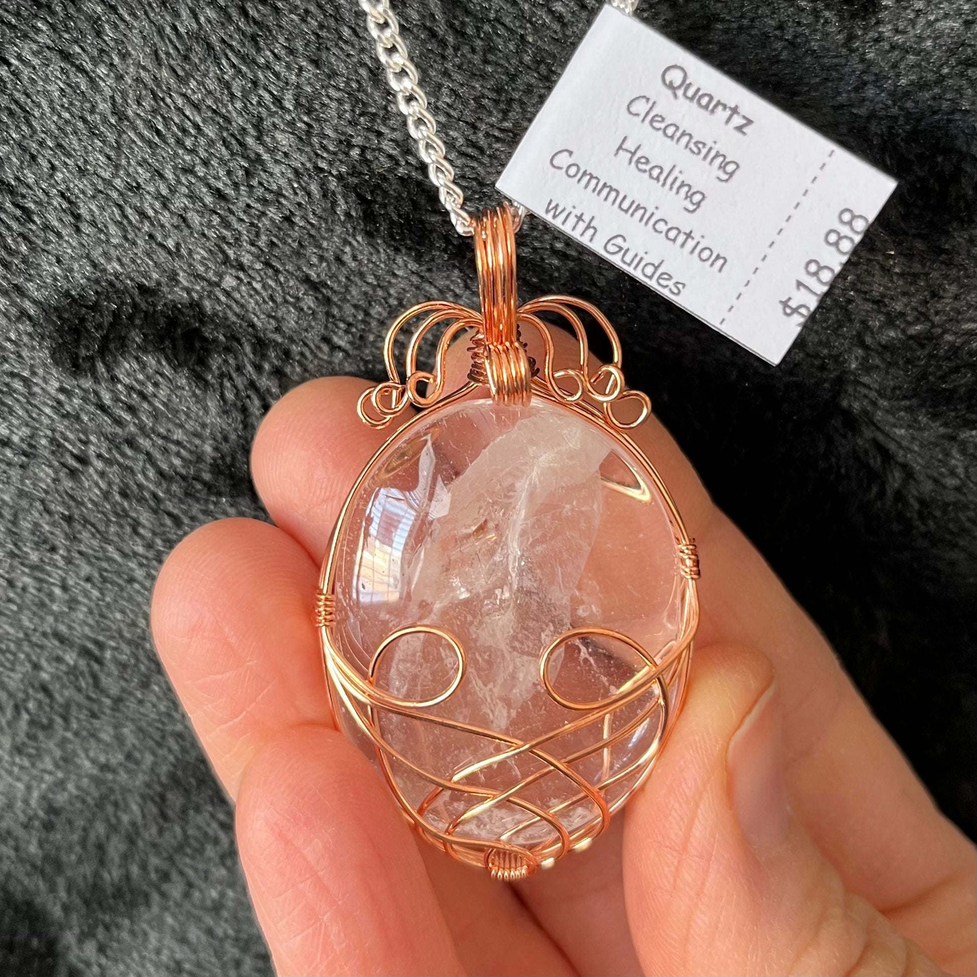  Fancy copper wire wrapped clear quartz oval stone pendant attatched to a silver chain