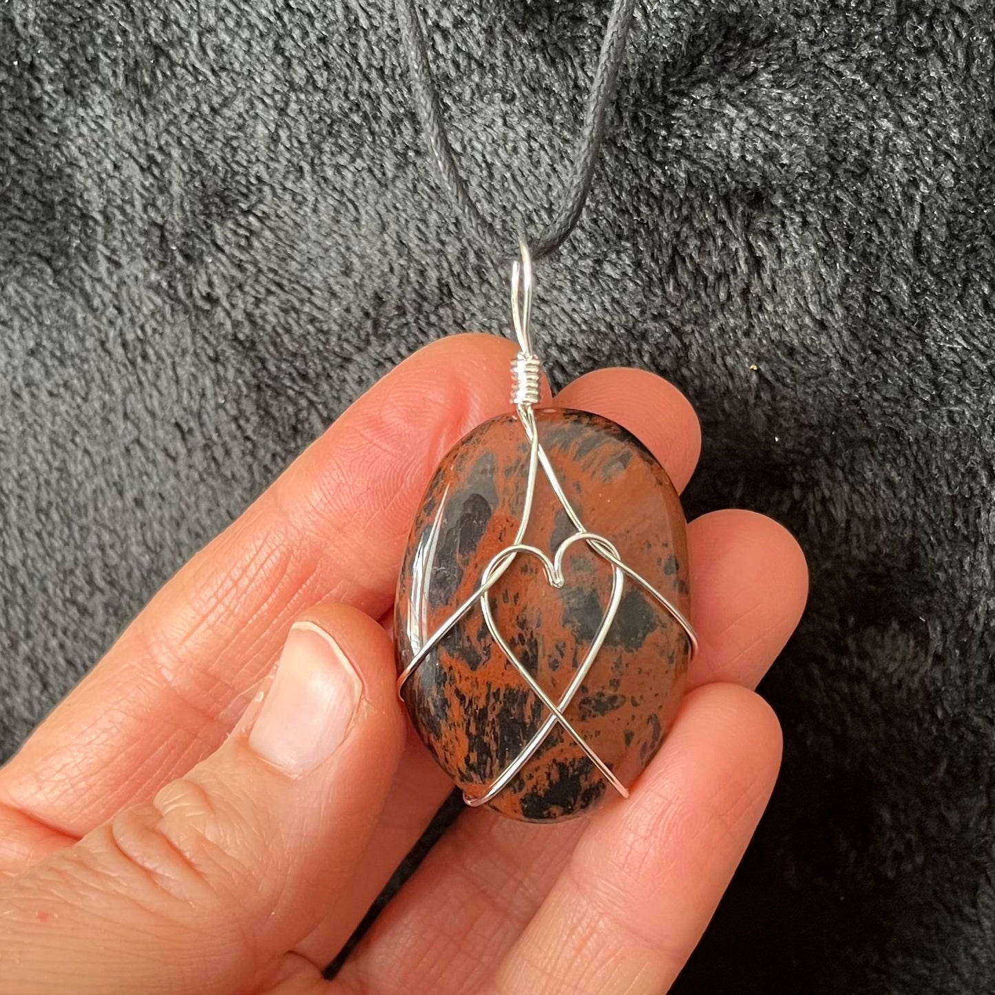 Mahogany Obsidian Worry Stone Wire Wrapped Necklace with Heart NCK-2971