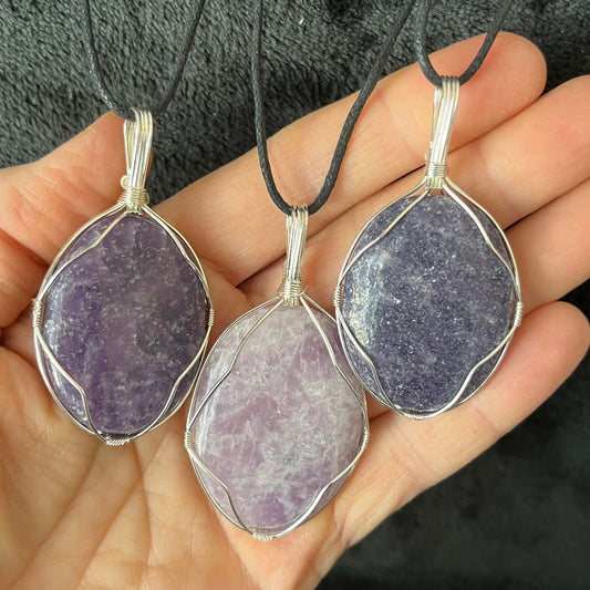 Lepidolite Worry Stone Wire Wrapped Necklace NCK-2988